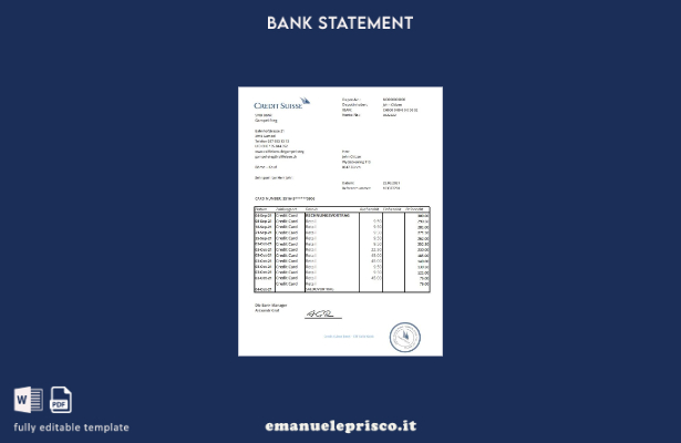 modello Excel di estratto conto bancario Svizzera Credit Suisse in stile verific